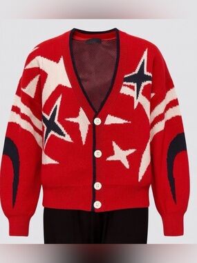 G-Star Raw Red Star Pattern Button-Up Cardigan Holiday Loose Knit Sweater NEW